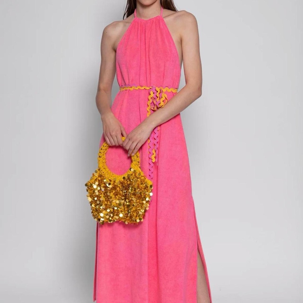 Chic Pink Maxi Dress with Gold Accents